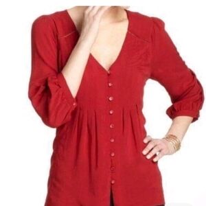 Anthropologie Vanessa Virginia Red Button-Up Pintuck Women's Top Blouse Size 4